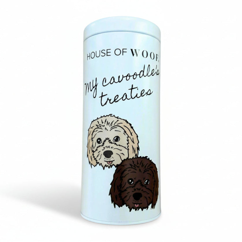 Dog treat jar with cavoodle illustration and text my cavoodle's treaties on white background