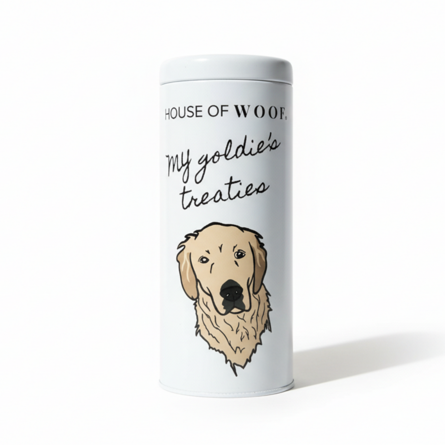 Dog treat jar with golden retriever illustration and text my goldie's treaties on white background