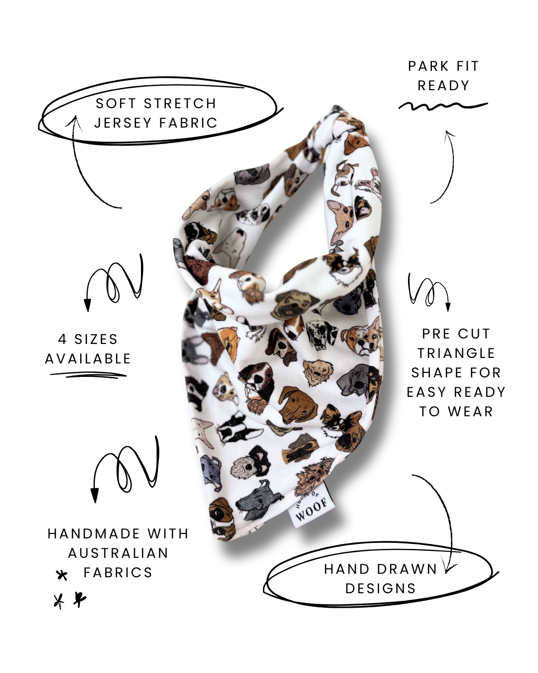 Dog bandana with dog pattern and product features on a white background