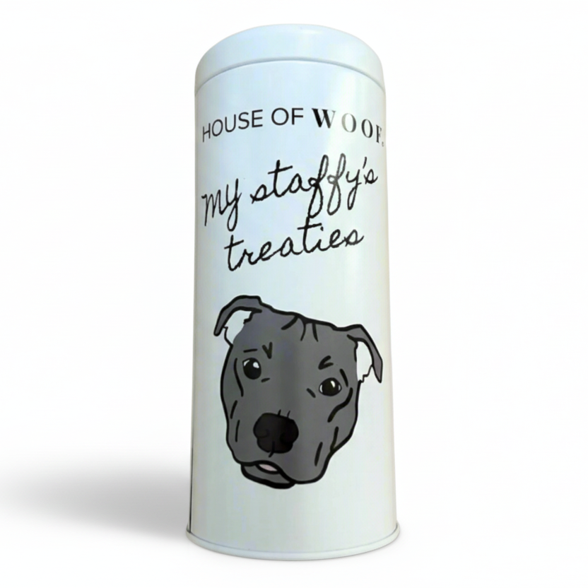 Dog treat jar with staffy illustration and text my staffy's treaties on white background