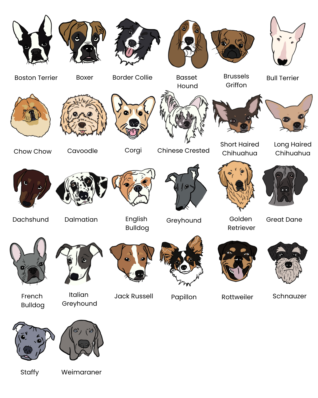 Illustrated dog breed faces including Boston Terrier, Boxer, Border Collie, Basset Hound, Brussels Griffon, Bull Terrier, Chow Chow, Cavoodle, Corgi, Chinese Crested, Chihuahuas, Dachshund, Dalmatian, English Bulldog, Greyhound, Golden Retriever, Great Dane, French Bulldog, Italian Greyhound, Jack Russell, Papillon, Rottweiler, Schnauzer, Staffy, and Weimaraner, designed by House of Woof.