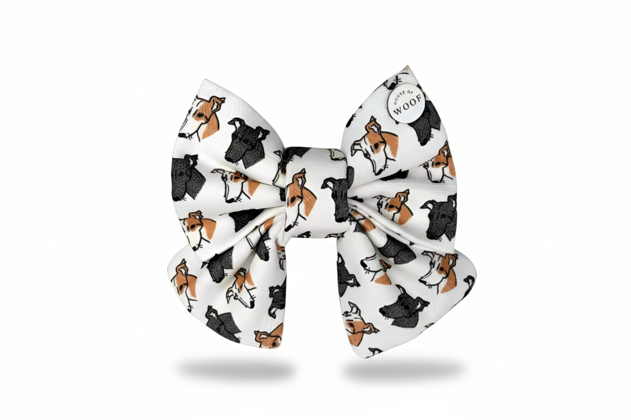 Greyhound print dog sailor bow by House of Woof – white background with hand-drawn greyhound faces in black and tan.