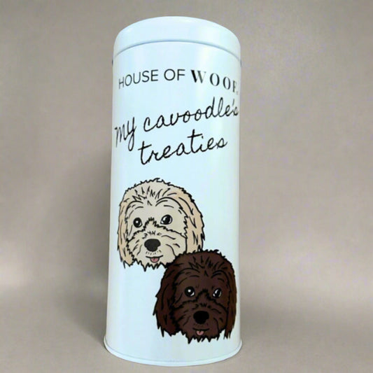Dog treat jar with cavoodle illustration and text my cavoodle's treaties on white background