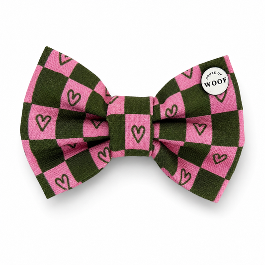 Hot Pink & Dark Green Hearts Dog Bow Tie