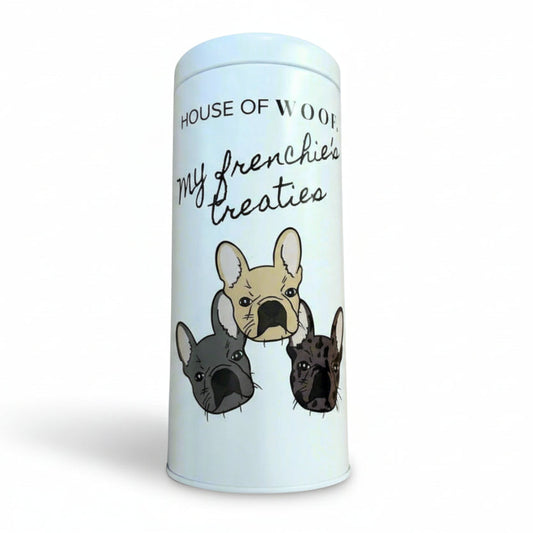 Dog treat jar with french bulldog illustration and text my frenchie's treaties on white background