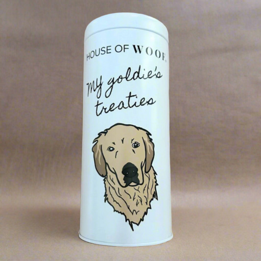 Dog treat jar with golden retriever illustration and text my goldie's treaties on white background
