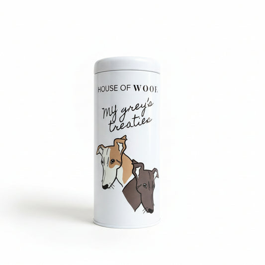 Dog treat jar with greyhound illustration and text my grey's treaties on white background