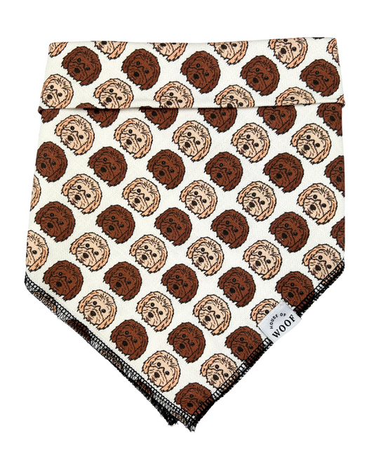 White linen bandana with brown and light coloured cavoodles patterned across it