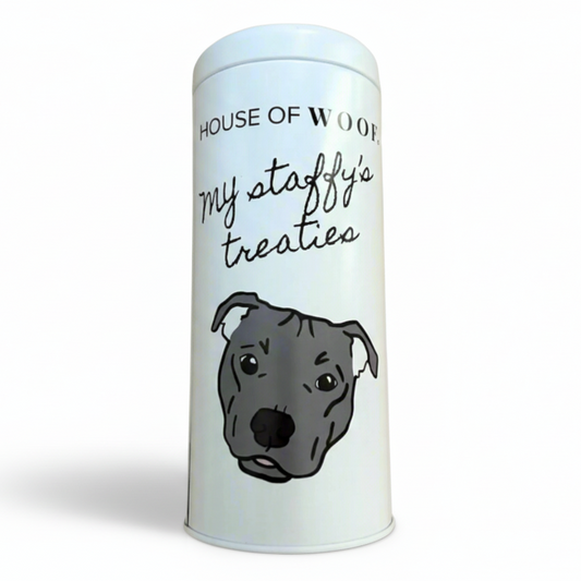 Dog treat jar with staffy illustration and text my staffy's treaties on white background