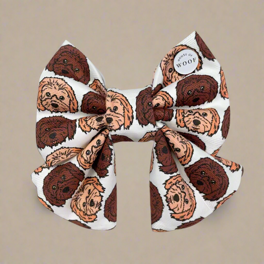 Cavoodle dog sailor bow featuring hand-drawn breed artwork in cream and brown tones, handmade by House of Woof.