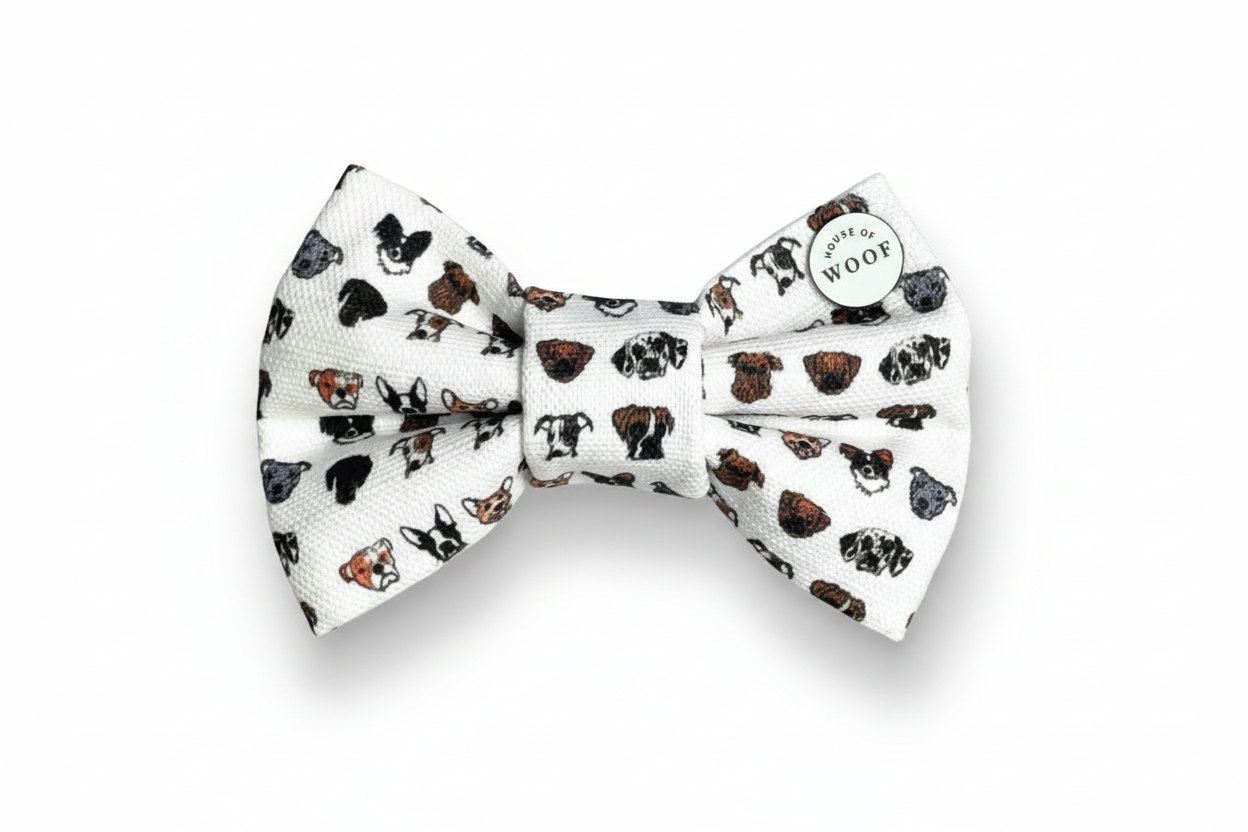 Dog bow tie with printed dog pattern on a white background