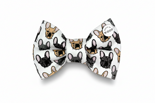 Hand-drawn French Bulldog dog bow tie from House of Woof, featuring multiple coloured Frenchies on a white background.