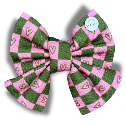 Hot Pink & Dark Green Hearts Dog Sailor Bow