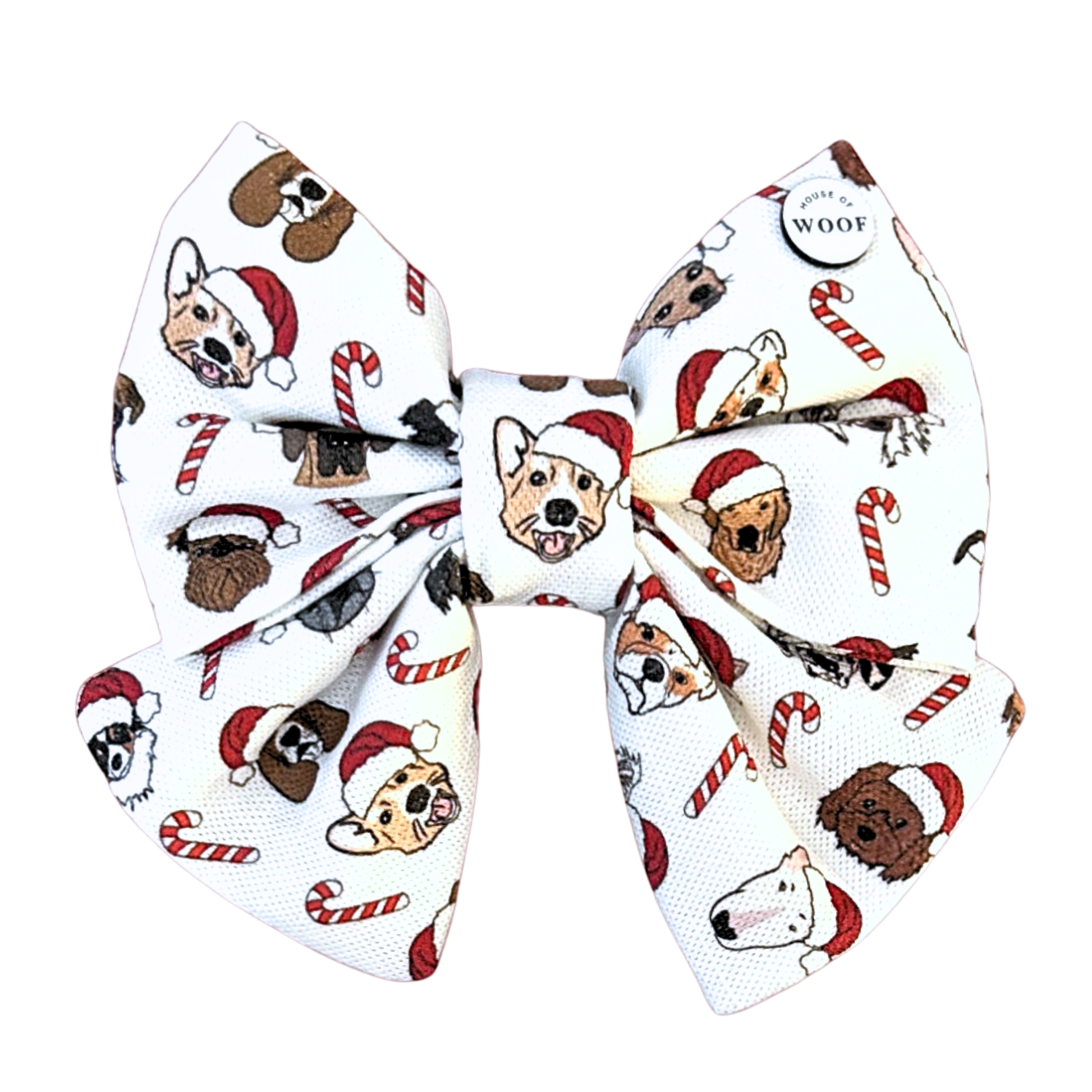 House of Woof Candy Cane bow featuring hand-drawn dog breeds wearing Santa hats with candy canes on white fabric. Handmade festive dog bow from the Christmas Collection.