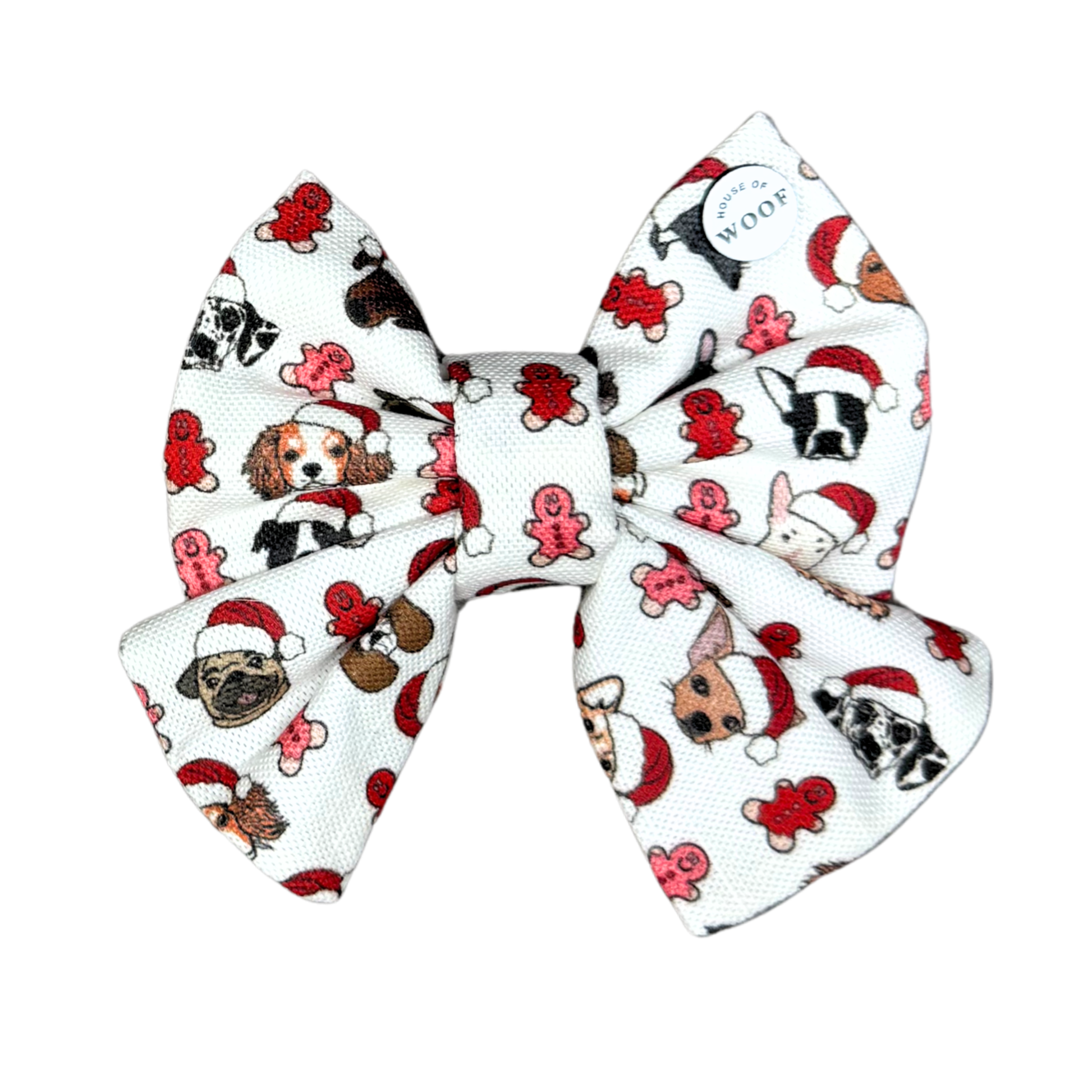 House of Woof Gingerbread Christmas bow featuring hand-drawn dogs wearing Santa hats and surrounded by red gingerbread cookies. Festive dog accessory handmade in Melbourne.