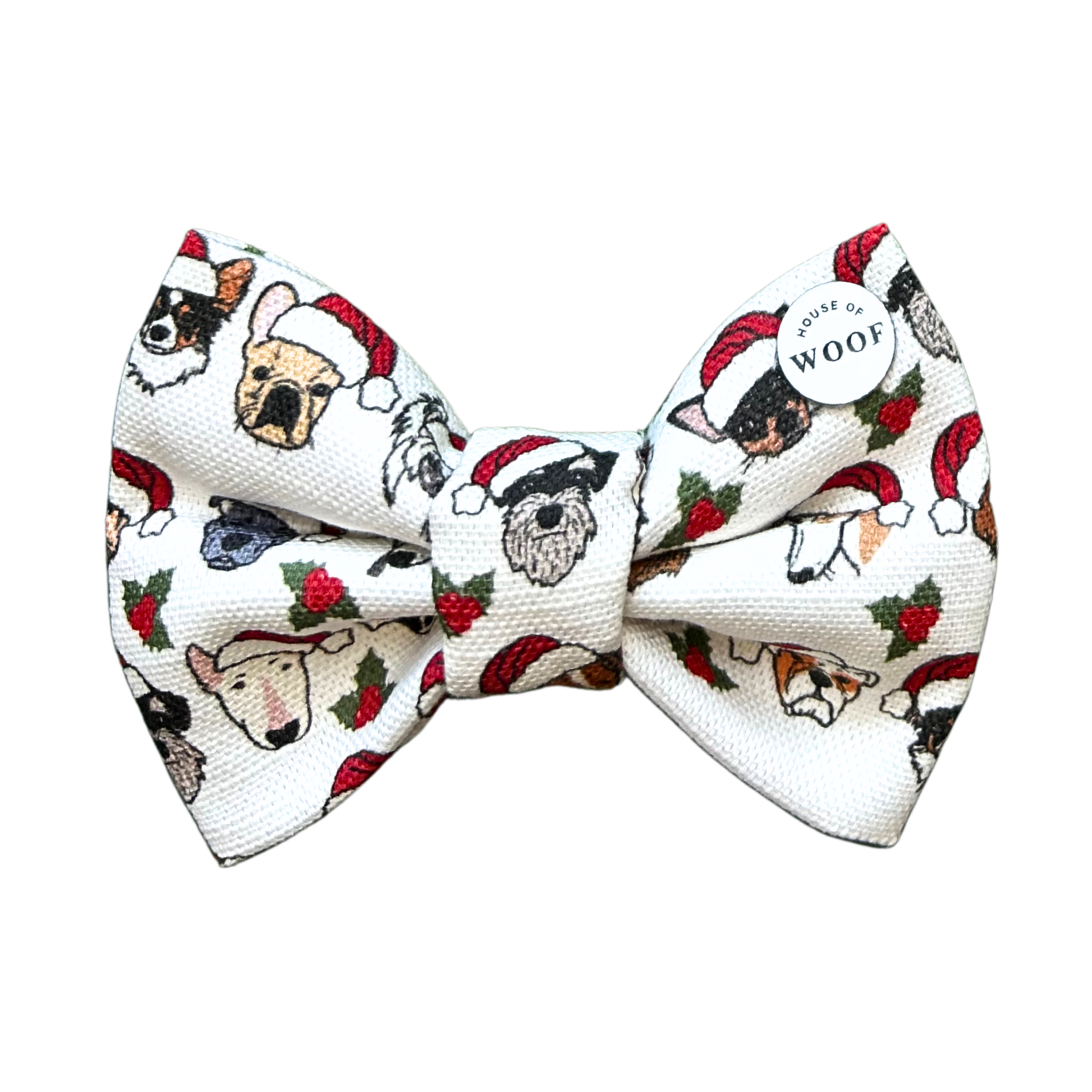 House of Woof Holly Christmas bow featuring hand-drawn dog breeds wearing Santa hats with holly berry accents on a white background. Festive handmade bow for dogs and dog lovers.