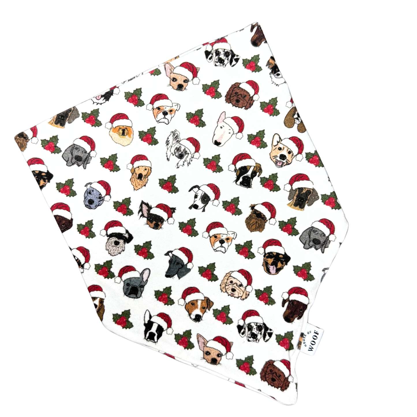 House of Woof Christmas bandana decorated with hand-drawn dog breed illustrations wearing Santa hats, surrounded by holly berries and leaves. Festive handmade accessory for dogs.
