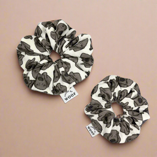 Two House of Woof fabric scrunchies featuring a Weimaraner dog print, displayed on a neutral background.