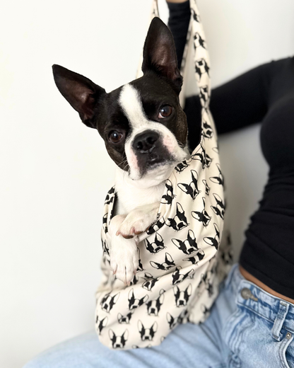 Black and white dog in a handmade Boston Terrier tote bag with hand-drawn dog print on a cream fabric background