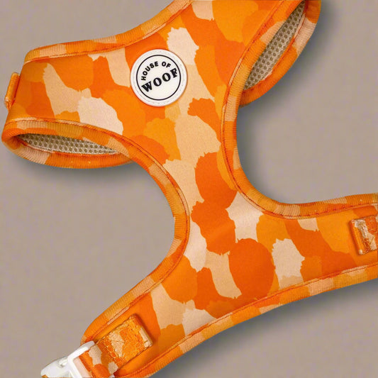 Front view of bright orange patterned dog harness with white buckle and House of Woof logo, adjustable and breathable pet accessory.